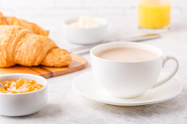 Breakfast with coffee and croissants