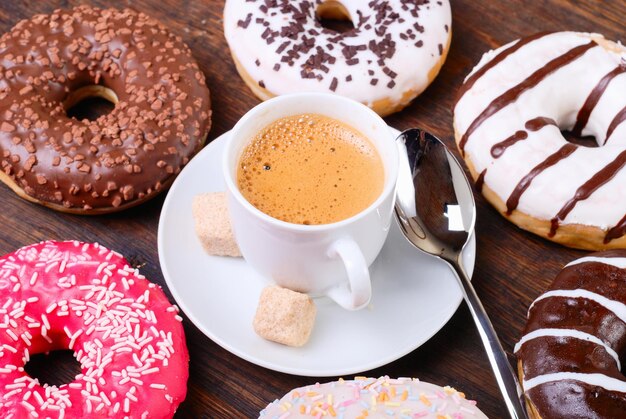 Breakfast with coffee donats and croissants