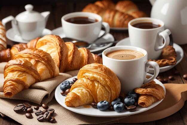 Breakfast with coffee and fresh croissants