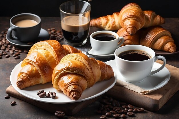 コーヒーと新鮮なクロワッサンで朝食