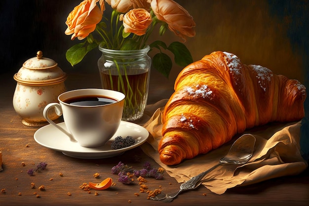 Breakfast with coffee and pastry for breakfast croissant