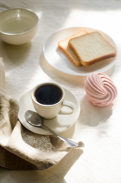 Breakfast with coffee sweets and toast