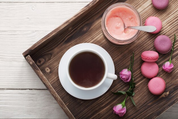 Breakfast with coffee  on wooden tray