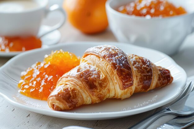 Breakfast with croissant coffee and orange jam