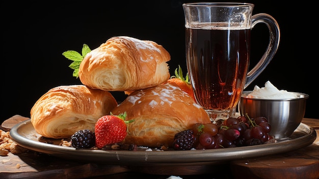 breakfast with croissant and coffee on table