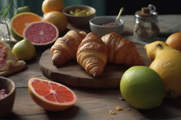 breakfast with croissant and fruits around