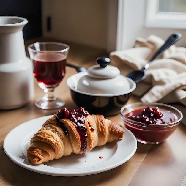 breakfast with croissant and jam