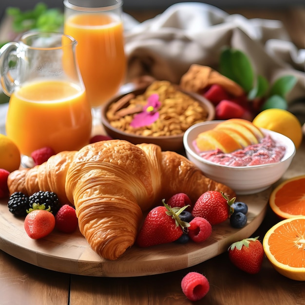 Foto colazione con croissant e succo di frutta