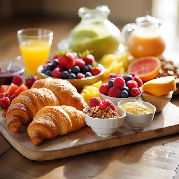 Foto colazione con croissant e succo di frutta