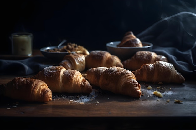 Breakfast with croissants on rustic wooden table