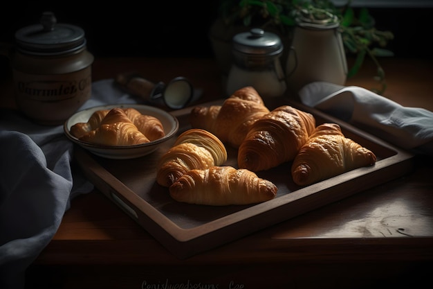 Breakfast with croissants on rustic wooden table