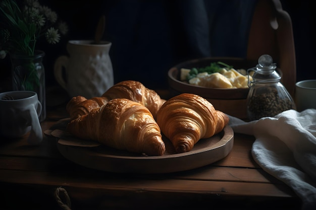 Breakfast with croissants on rustic wooden table