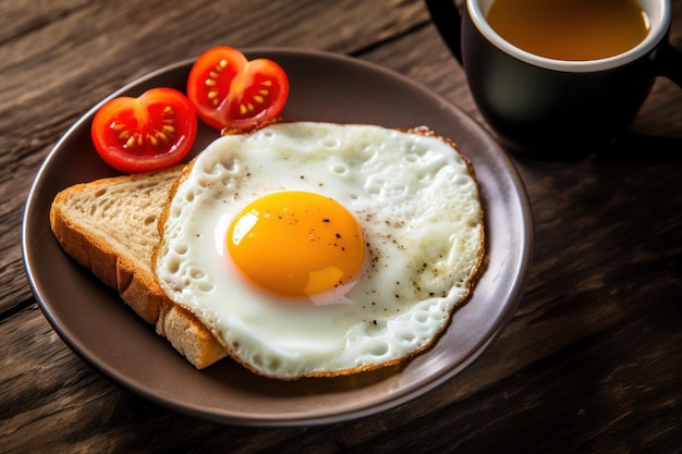 Breakfast with delicious fried eggs garnished with sliced tomato Generative AI