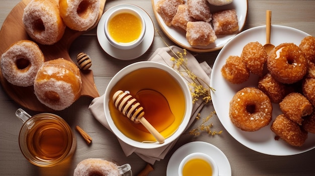 Breakfast with donuts and honey