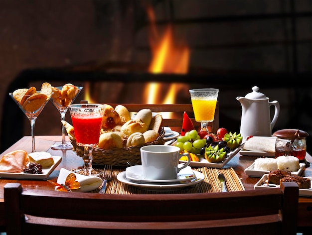 Breakfast with fireplace in the background