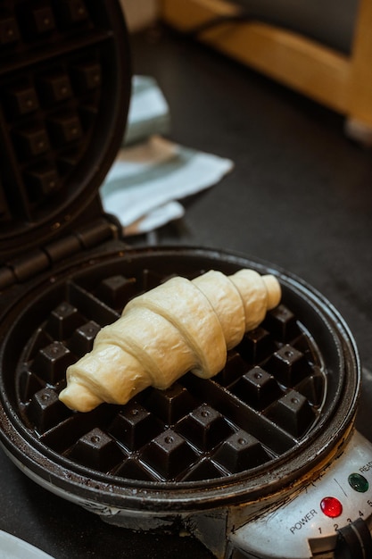 Breakfast with fresh croissants on white dish