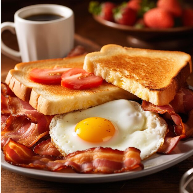 Photo breakfast with fried egg bacon and toast on wooden background