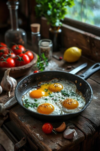 Фото Завтрак с жареными яйцами на сковородке