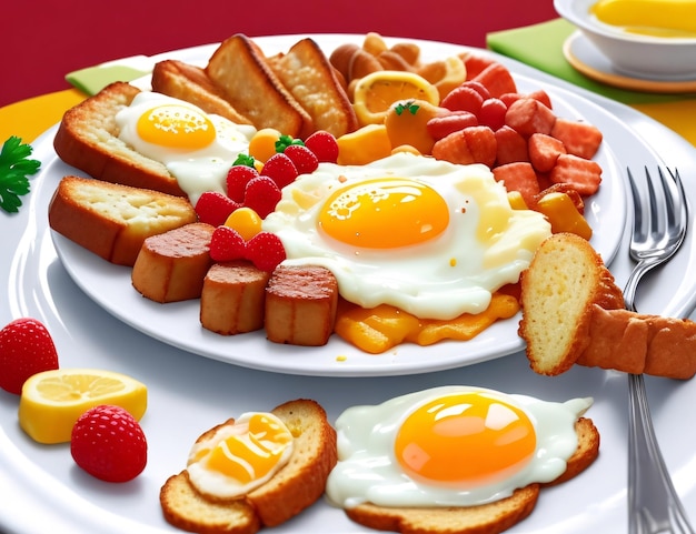 Foto colazione con uova fritte salsicce frutta e verdura