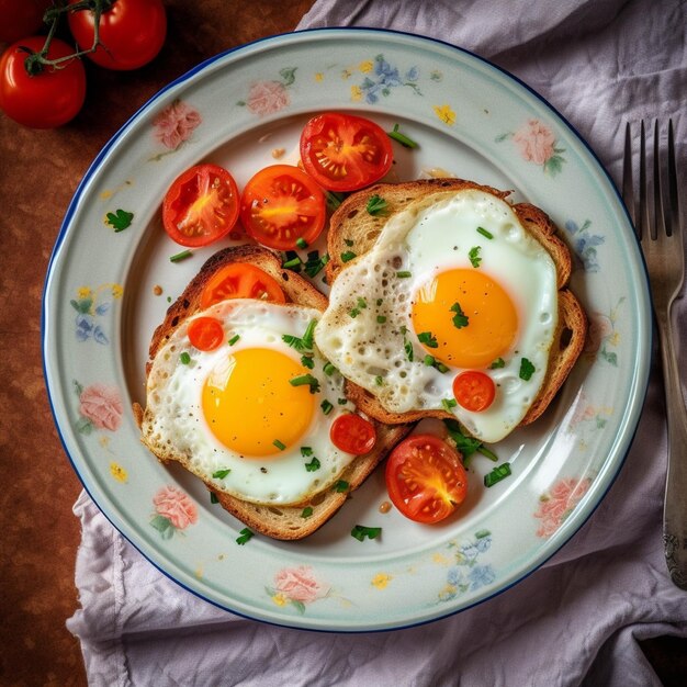 Breakfast with fried eggs tomatoes and bread on a plate