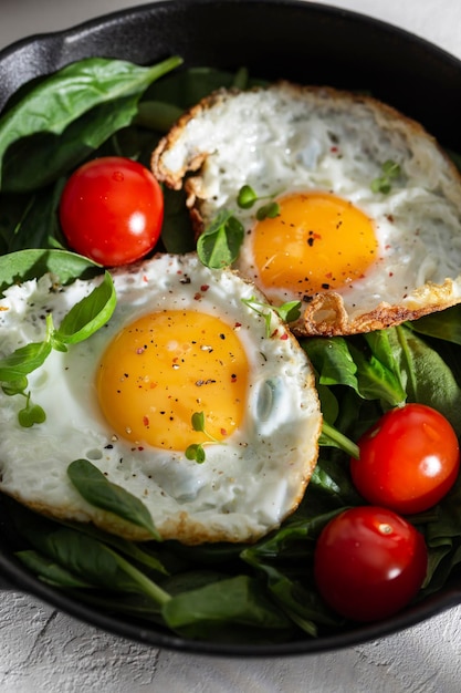 Breakfast with fried eggs and vegetables in a pan