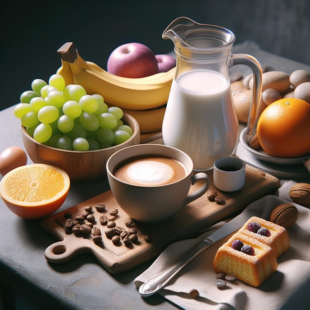 Photo breakfast with fruit and coffee and cookies