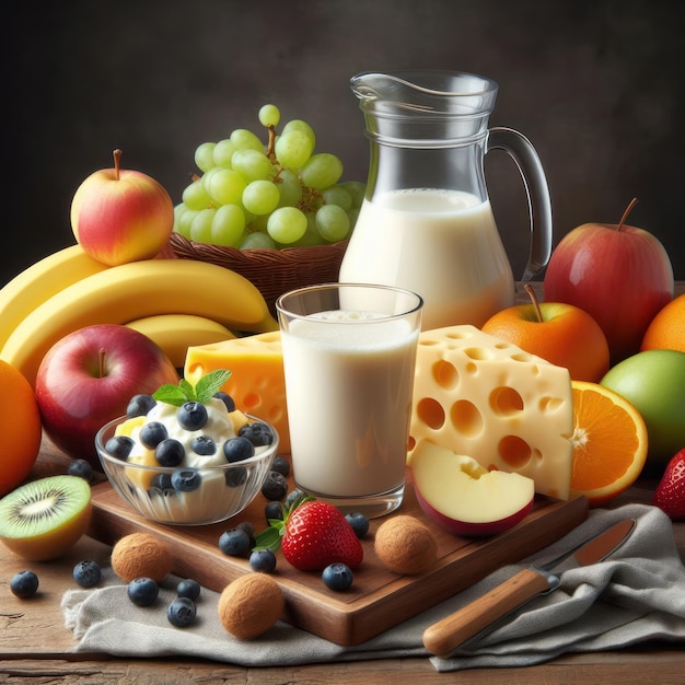 Foto colazione con frutta, latte e formaggio