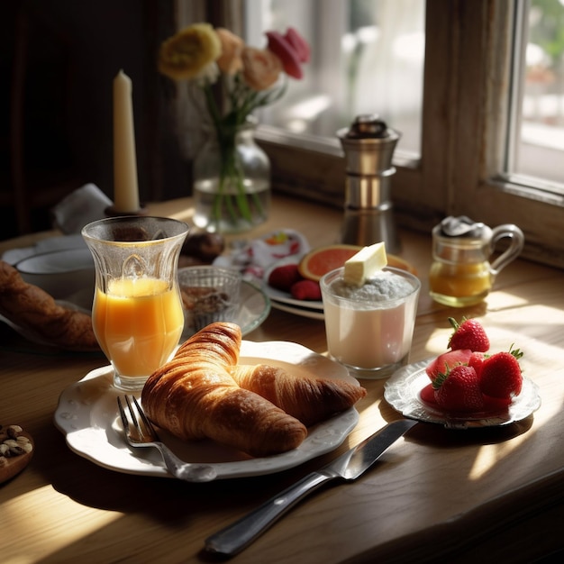 breakfast with a glass of juice and croissants and a croissant.