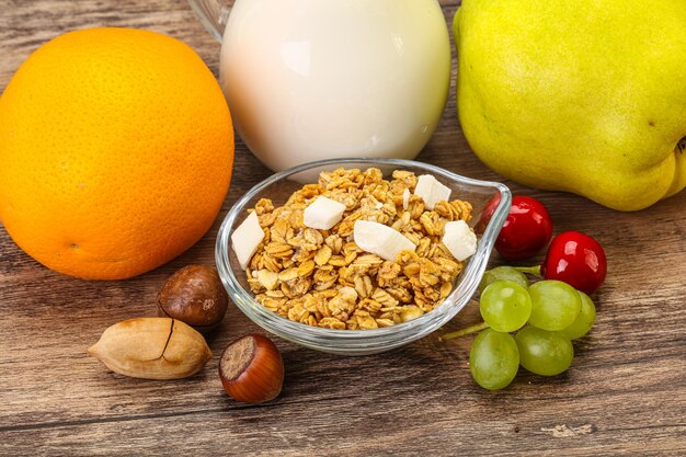 Breakfast with granola and milk