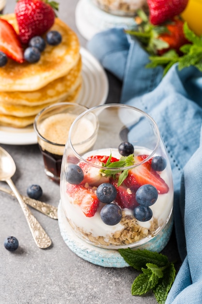 Breakfast with granola, pancakes and berries