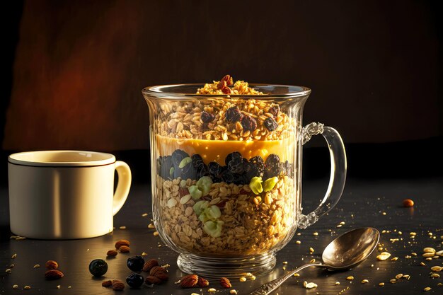 Breakfast with hearty snack in form of homemade granola in glass cup