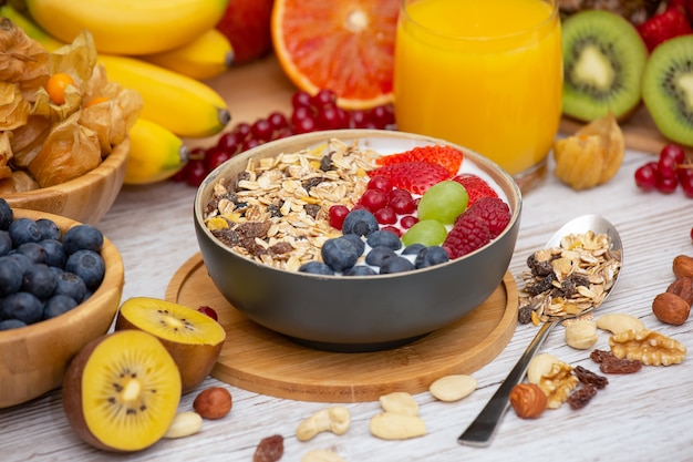 Breakfast with mixed fruits and nuts