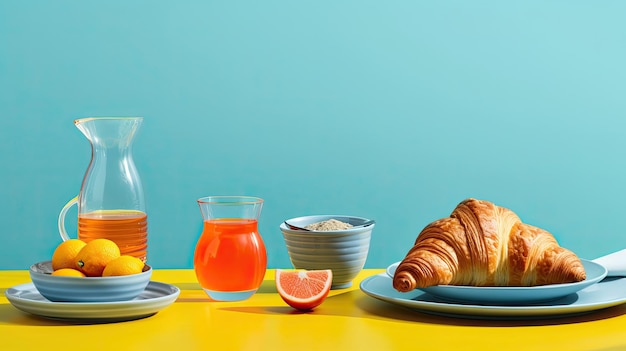 Foto colazione con succo d'arancia croissant e frutta su uno sfondo blu pastello con spazio per il testo