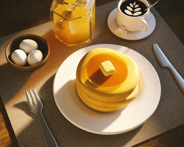 Breakfast with pancakes on plate eggs in bowl and cup of coffee and honey syrup on table 3d render