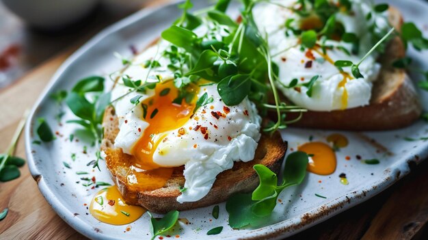 breakfast with poached egg toast selective focus Generative AI