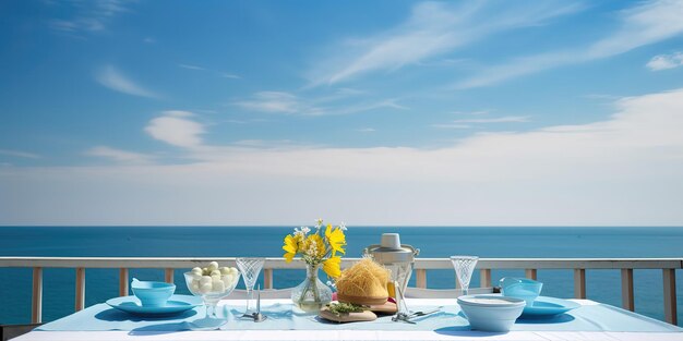 Breakfast with sea viewColorful summer template Concept of recreation Generative AI