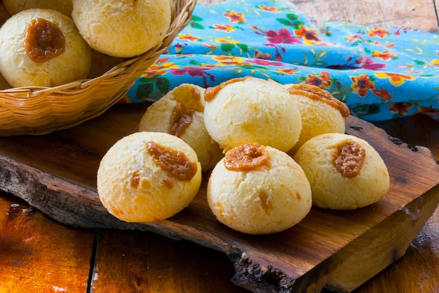 Breakfast with stuffed cheese bread, pao de queijo