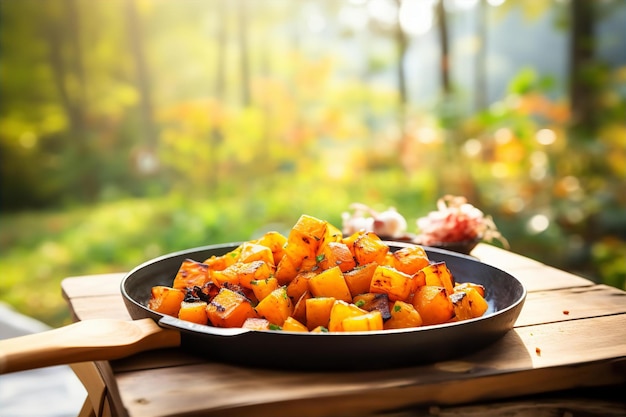 Breakfast with Sweet Potato Hash on the Wooden Table on Seasonal Autumn Morning