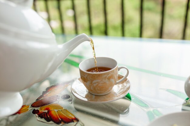 Breakfast with tea on sri lanka tea island.