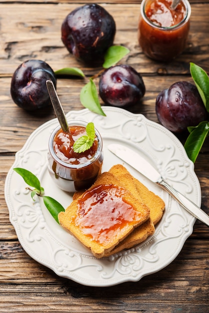 Breakfast with toast and plum jam