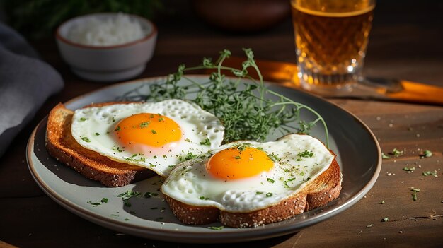 Breakfast with two fried eggs toasts orange juice