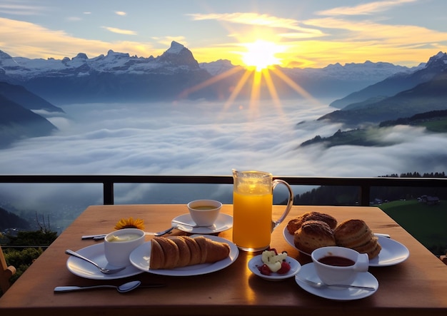 завтрак с видом на горы.