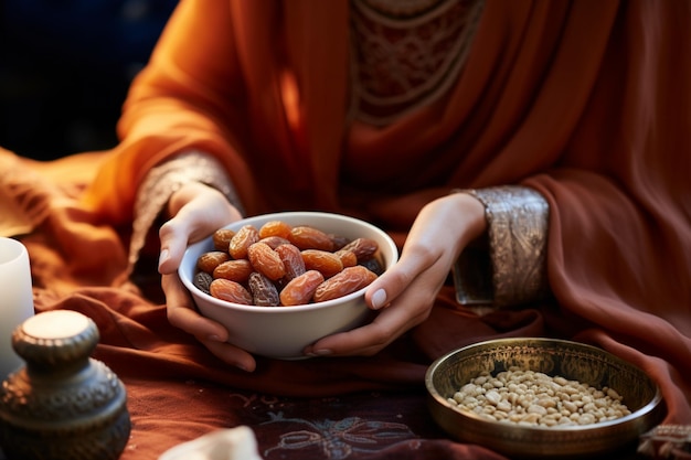 Breaking fast the traditional muslim way a woman with a bowl of dates