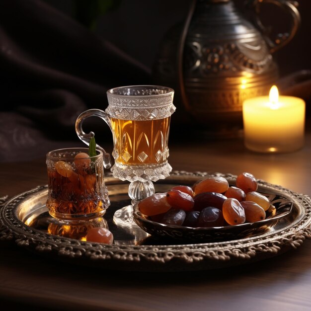 Breaking fasting with dried dates during Ramadan Kareem Iftar meal with dates and Arab tea in traditional glass angle view on rustic blue background Muslim feast