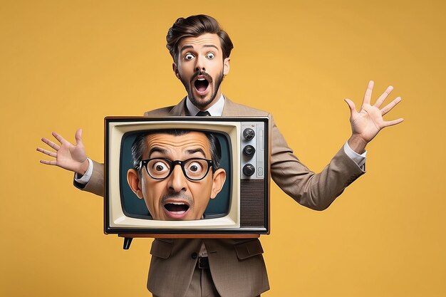 Photo breaking news contemporary art collage excited man sticking out from retro tv set isolated on yellow background concept of art surrealism