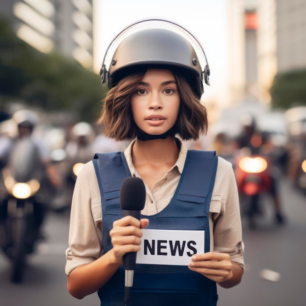 写真 ニュースメディアとテレビのライブイベントをカバーする女性レポーター