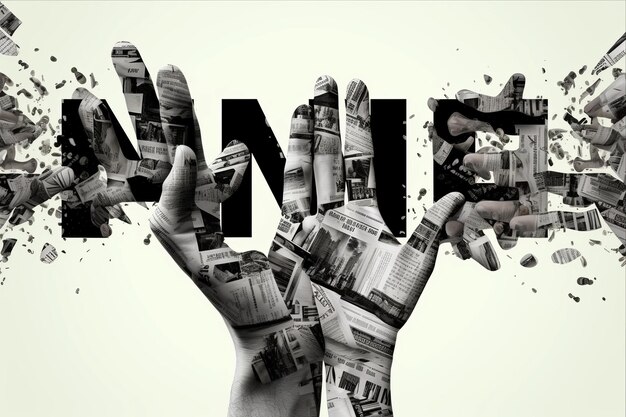 Photo breaking news gammapowered human arms hold word letters in composite collage illustration