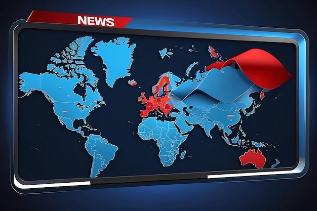 3D赤と青のバッジのニューステンプレート 地球と世界地図の背景の深い青のニューステキスト