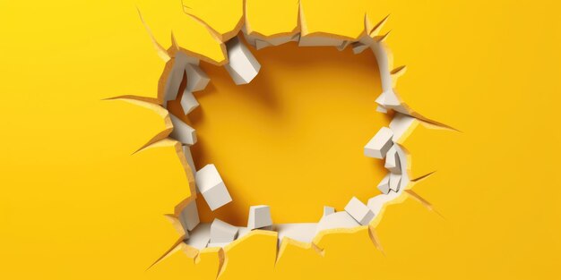 Photo breaking out of a hole in solid yellow wall torn hole empty copy space frame mockup generative ai image weber