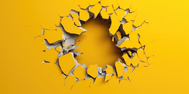 Breaking out of a hole in solid Yellow wall torn hole empty copy space frame mockup Generative AI image weber